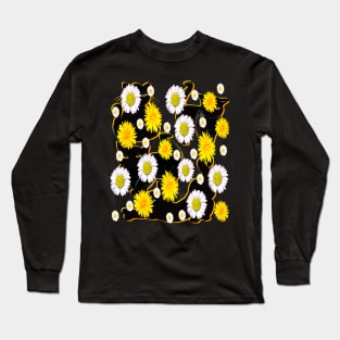 Black Cat silhouette on top of wildflowers feelings pattern black cats  among dandelions And daisies floral bright flowers of spring and summer Long Sleeve T-Shirt